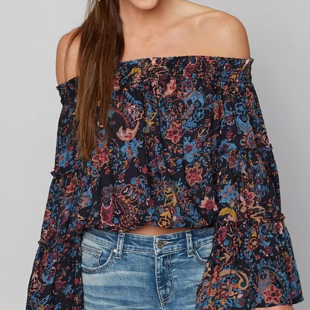 Free People Free Spirit Bell Sleeve Oversized Off Shoulder Top Size XS NEW